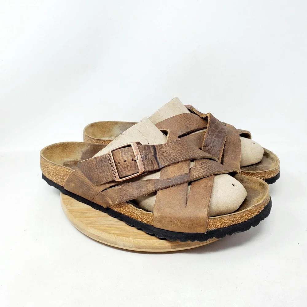 Birkenstock Lugano Sandals 44 Mens 11 Tobacco Oiled Leather Straps Shoes